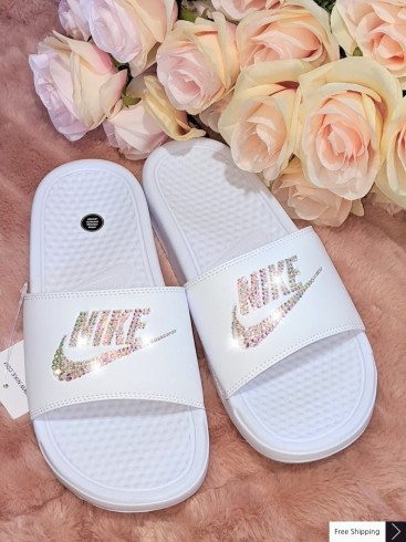 Bling Swarovski Nike Slide Sandals - white